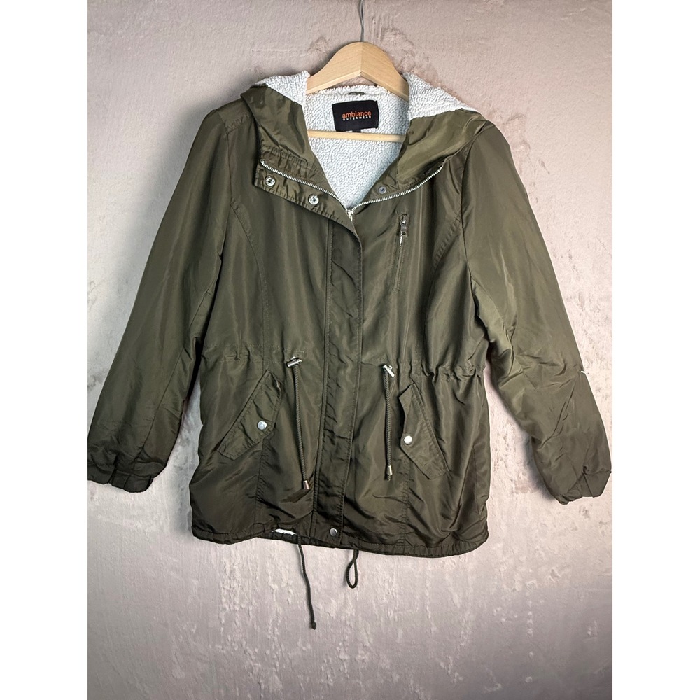 Ambiance Outerwear Sherpa Lined Anorak Jacket Womens Large Olive Green Utility